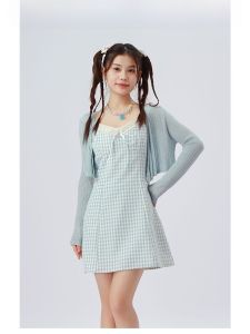 ชุดเดรสยาวแขนกุดลายสก็อตสไตล์ชิ้นเดียว MDay สำหรับผู้หญิงในฤดูร้อน ชุดคาร์ดิแกนแขนยาว ชุดเดรสยาวคลุมเข่า