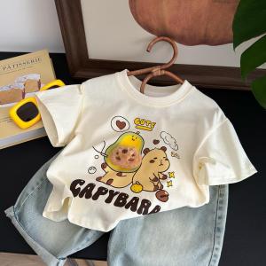 Childrens Short Sleeve T-Shirt Pure Cotton round Neck Cartoon Print 3D Capybara Summer New Style Korean Style Half Sleeve