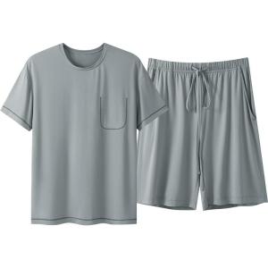 THREEGUN | Ice Cube Summer Sleepwear Mens Modal Ice Silk Cool Feeling Short Sleeve Shorts Round Neck Ultra Soft Home Clothes Set