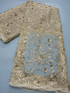 Luxury Gold Sequin Floral Mesh Lace Fabric French Net Lace African Style Wedding Party Dress Material