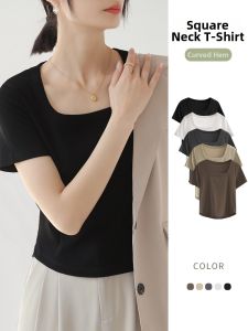 MOCHU | Black Shoulder T-Shirt Squared Round Neck Fit Base Top