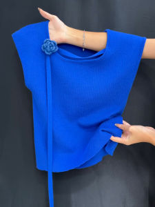 HUOLISI | Stylish Klein Blue Ice Silk Knit Short Sleeve T-shirt Womens Summer Top