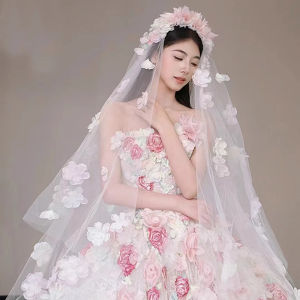 Wedding Veil Sweet Fairy Tale Style Floral Heavy Embroidery Headwear for Marriage Registration Photo Prop Atmosphere Feeling Women