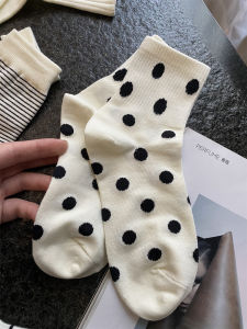 in BLUE Womens Cotton Socks Mid-Calf Casual Elastic Polka Dot Striped Long Socks Spring Autumn Winter Essential Stockings