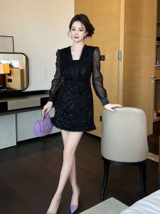 Elegant Black Mini Dress 2024 Winter Collection Happy Diva Brand Bouillabaisse Style Long Sleeve V-Neck Polyester Fiber Short Skirt