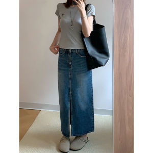 Váy Mini Denim Chữ a Cạp Cao Rộng Rãi Cho Nữ Mùa Hè 2025 Váy Midi Cỡ Lớn Xẻ Tà Trước Che Giấu Mỡ Bụng Tạo Hiệu Ứng Thon Gọn