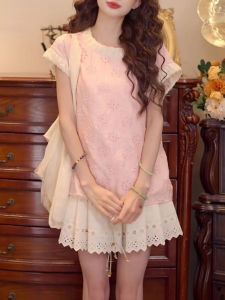 Shalldoer | French Vintage Set Womens Summer Design Sense Hook Flower Hollow Short Sleeve Shirt White Short Skirt Pants Two-Piece Set