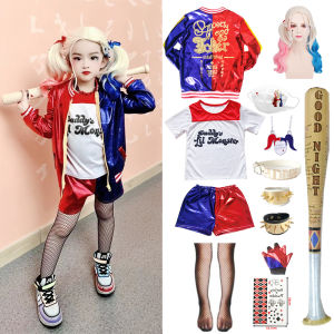 Harley Quinn Costume for Kids Girls Cosplay Suicide Squad Halloween Joker Jacket T-shirt Shorts All Accessory Set