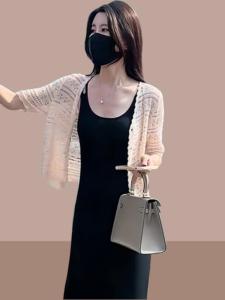 Áo Len Cardigan Mỏng Bằng Lụa Băng Thời Trang Mùa Hè Cho Nữ Áo Khoác Ngoài Cổ Chữ V Tay Ngắn Dáng Rộng Có Nút Cài