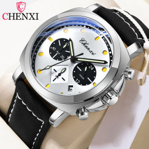 CHENXI Mens New Luminous Sport Watch Fashion Military Style Leather Strap Chronograph Waterproof Wristwatch Reloj Hombre