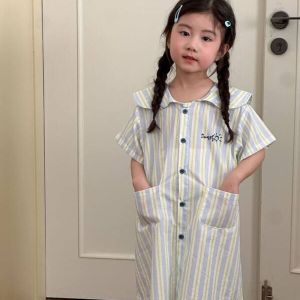 Summer Korean Style Striped Short Sleeve Pure Cotton Cardigan Childrens Clothing Set Brother Sister Matching Outfit Baby Clothes