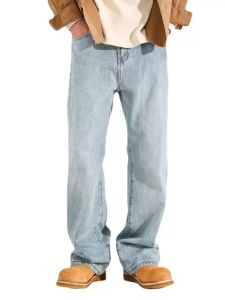 Cleanfit Light Blue Straight Leg Mens Jeans Casual Long Trousers Vintage Floor-Length Pants Loose Fit Fashionable Urban Style