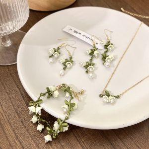 White Bellflower Flower Hoops Bracelet Necklace Fairy Tale Style Summer New Girls Clavicle Chain Ear Clip Bracelet Jewelry