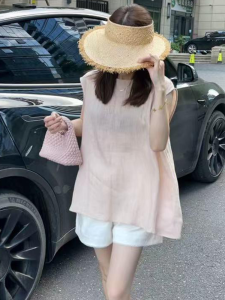 Shalldoer | Áo sơ mi không tay màu hồng Pure Desire mùa hè 2025 phong cách mới rộng rãi kiểu Pháp không tay hở lưng cho nữ