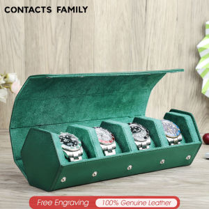 CONTACTS FAMILY Watch Case Box Organizer 4 Slots Genuine Leather Portable Zipper Watch Case Bracelet Green Display Box