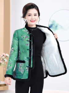 Thickened Cotton Jacket with Fleece for Women Chinese Style Coat with Button And Floral Print Winter Outerwear for Mothers