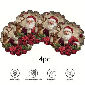 VIKAMA 4PC Christmas Santa Claus Reindeer Placemat Red Green White Dining Table Restaurant Christmas Party Decoration