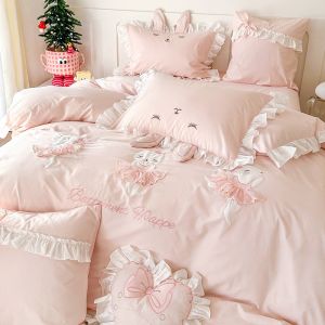 Cute Rabbit Embroidered Pink 100% Cotton Bedding Set