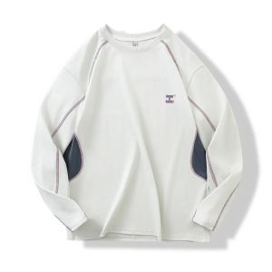 American Style Loose Fit Long Sleeve Knitted Cotton T-Shirt Designer Line Contrast Color Patchwork Casual round Neck Sweatshirt for Men