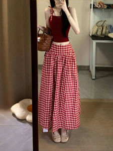 High Waist Plaid A-Line Midi Skirt for Tall Women Red Grid Half-length Loose Umbrella Skirt Korean Style Thinming Summer Dress