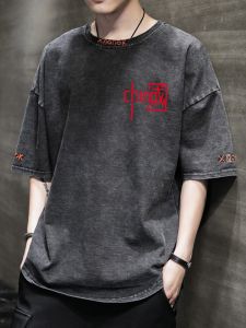 ROMON | Romon Mens Short Sleeve T-Shirt Summer American Round Neck Vintage Washed Denim Ice Silk Body T Cool Feeling Thin Cotton Polyester Blend