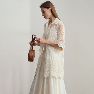 AMII | Summer Loose Mid-length Dress Cotton Lace Embroidery Organza Hand-sewn Bead Decoration