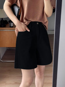 Summer Thin Light Beige Five-Quarter High Waist Denim Shorts Women Loose Hiding Hip Slimming Trendy Straight Student Mid-Length Jeans