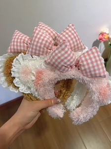 【VanHariacc】ที่คาดผมหูกระต่ายสีชมพูน่ารัก สำหรับฤดูใบไม้ร่วงและฤดูหนาว พร้อมของเล่นตุ๊กตา