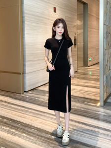 Black Slim Fit Summer Dress Short Sleeve Asymmetrical Hem Gored A-Line Mini Midi Dresses Womens Fashion Elegant Slimming Skirt