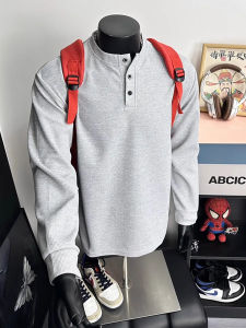 Light Grey American Style Long Sleeve T-Shirt Mens Spring Autumn CleanFit Henry Collar Sweatshirt Base Shirt Polo Shirt