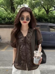 Vintage Elegant Slim Fit Lace Trim V-Neck Blouse