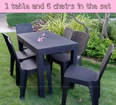RATTAN TABLE AND CHAIRS DINING SET 6 SEATERS