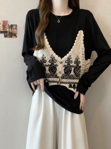Knitting Crocheted Flower Patchwork Fake Two-Piece Long Sleeves T-Shirt Female Fall and Winter Chubby plus Size Slimming Slim Fit All-Matching Youthful-Looking Tops