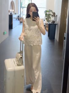 New Chinese Style Lace Embroidery Womens Fashion Set Summer 2024 Cotton Material Wide Leg Pants Jacket Two-Piece Suit
