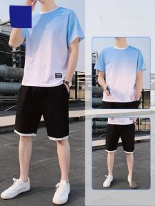 ROMON | Lomond Mens Ice Silk Sports Set Summer Thin Gradient Color Short Sleeve T-shirt Shorts Running Two-piece Set Youth Cotton 100%