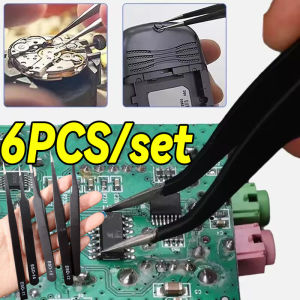 6PCS Precision ESD Tweezers Set Professional Anti-Static Stainless Steel Tweezers Micro Repair Tools For Electronics Soldering