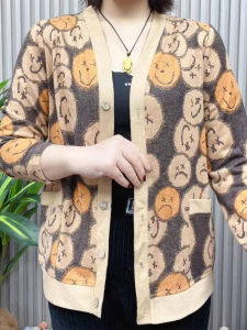 Áo Khoác Dệt Kim Mỏng Mùa Thu Cho Nữ Áo Len Cardigan Hở in Hình Mặt Cười Thường Ngày Áo Khoác Ngoài Dài Tay Màu Trơn Phong Cách Hàn Quốc