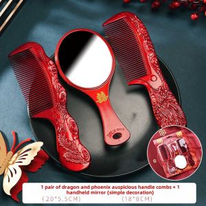 Chinese Style Dowry a Pair of Red Dowry Dressing Wooden Mirror Comb Mirror Set Bridal Makeup for Wedding Hand-Hold Mirror