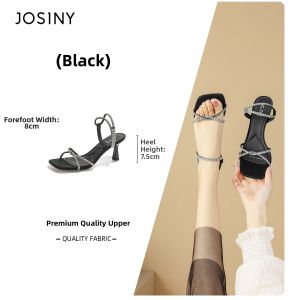 Josiny | Crystal-decorated Square Toe French Style Ankle-strap Heeled Sandals