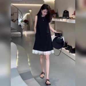 YUFUQING | Black Hepburn Style Sleeveless Round Neck Dress Womens Summer New Loose Vest Skirt High Waist Commute Style Polyester Fiber
