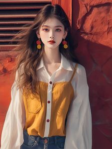 WANGGONGZHU | Retro Hong Kong Style Fake Two-Piece Shirt Women Spring Design Sensation Niche 2025 New Elegant Loose Long Sleeve Top