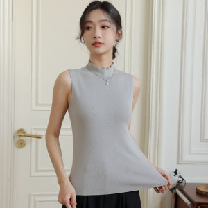 MiiOW | White Vest Womens Base Shirt Half High Collar Slimming Covering Side Breast No Sleeve Top New 2025 MiiOW Cat Person Brand