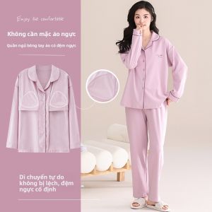 MiiOW | Pure Cotton Sleepwear Womens Loose Long Sleeve Set With Chest Pad Spring Autumn Winter Home Clothes Comfortable Casual Style