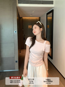 Summer Womens Slim Fit Short Sleeve T-Shirt Shoulder Bared Uneven Hem Ribbon Tie Korean Style Commute Pure Color Cotton Blend