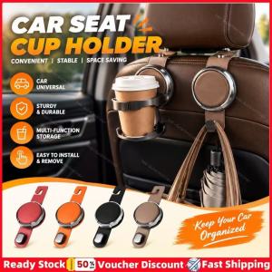 KEBIDU Foldable Car Seat Cup Holder And Hook 2 In 1 Space Saving Headrest Mount For Bubble Tea Water Bottle Bag Hanger Car Interior Decor