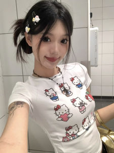 Hellokitty Sweet Cool Slim Looking Shoulder Short Sleeve T-Shirt Womens Summer White Silm round Neck Hello Kitty Small Top
