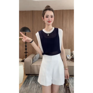 YUEZHONGWEI | Color Block Splicing Hollow Out Ice Silk Linen Lyocell Knitted Vest Loose Fit Thin Summer Top For Women Casual Commute Style