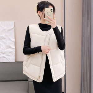 Korean Style down Cotton Vest Womens Shoulder Pad Autumn Winter round Neck Sleeveless Outerwear Pure Color Vest Trendy Top