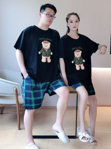 Couples Summer Sleepwear Pure Cotton Thin Plaid Cartoon Bear Large Size Home Clothes Set round Neck Short Sleeve Printed Shorts