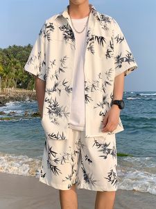 ROMON | Romon Mens Summer Lightweight Ice Silk Printed Short Sleeve Shirt And Shorts Sports Casual Outdoor Beach Two-Piece Set